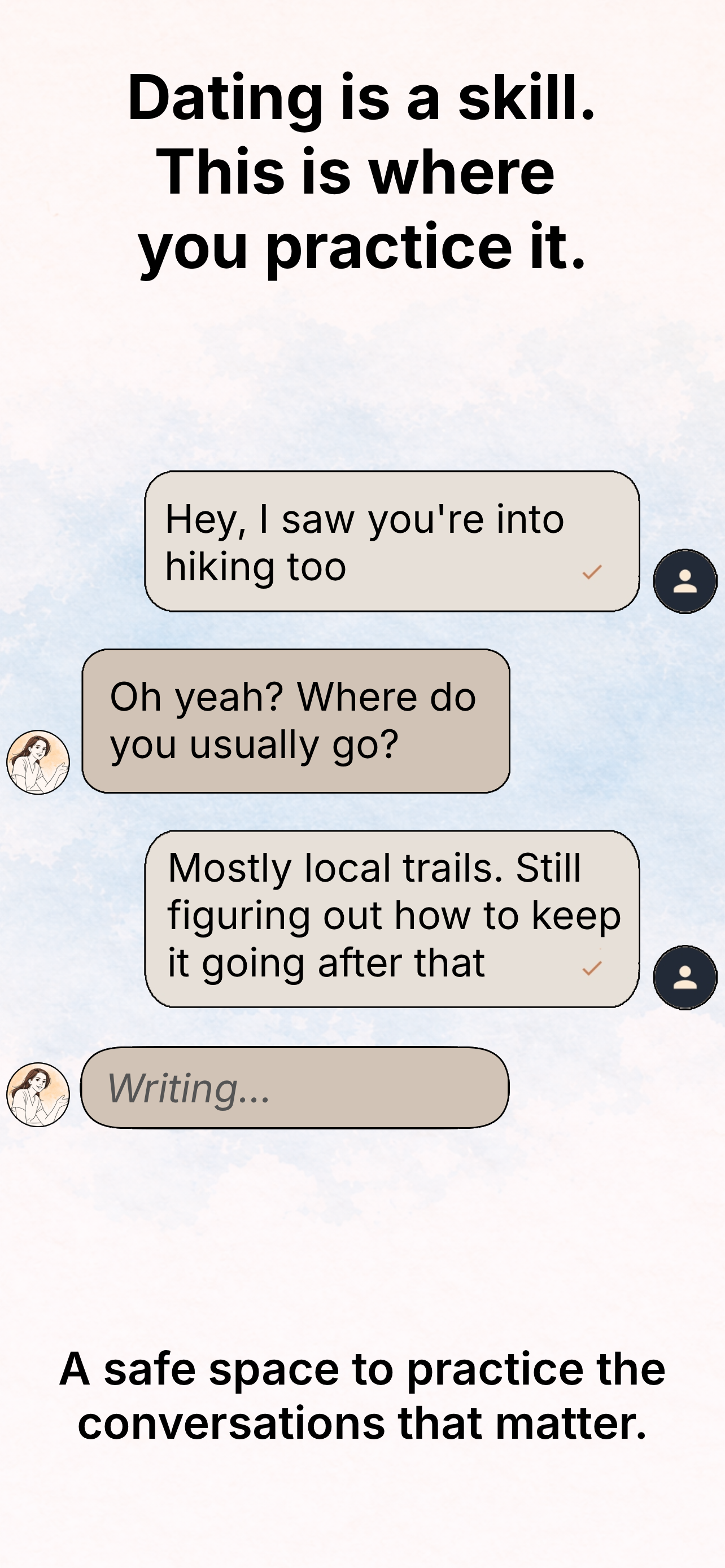 Dating Coach app — practice conversation screen